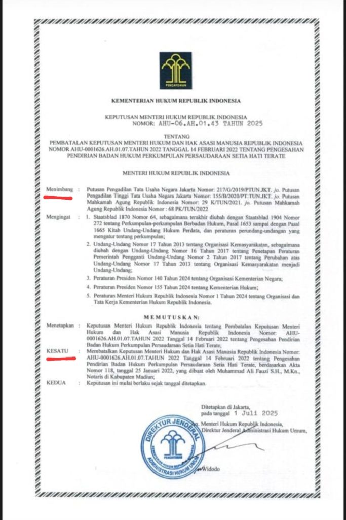 sk eksekusi pembatalan badan hukum psht murjoko